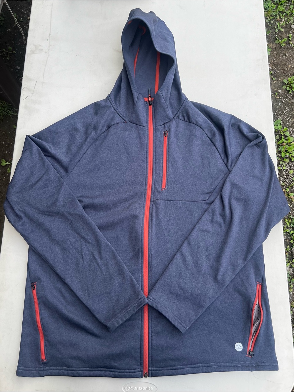 L.L. Bean Navy Hooded Performance Jacket with Red Zippers